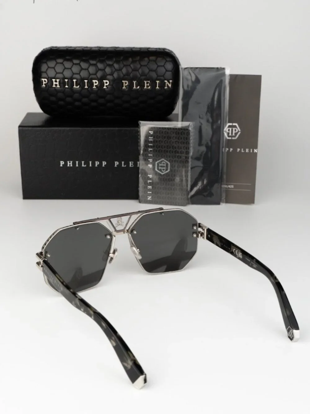 Philipp Plein Men Sunglasses Palladium Grey Silver Mirror Pilot SPP077V 523X NEW